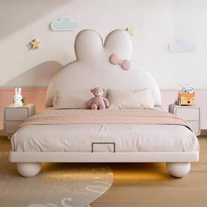 子供用ベッド　ダブルベッド　寝室ベッド　布団ベッド　ファブリックベッド　うさぎ型クッションヘッド　丸みフレーム　柔らか素材　少女風　高品質　シンプル　アイボリー　ピンク系　BED-C095