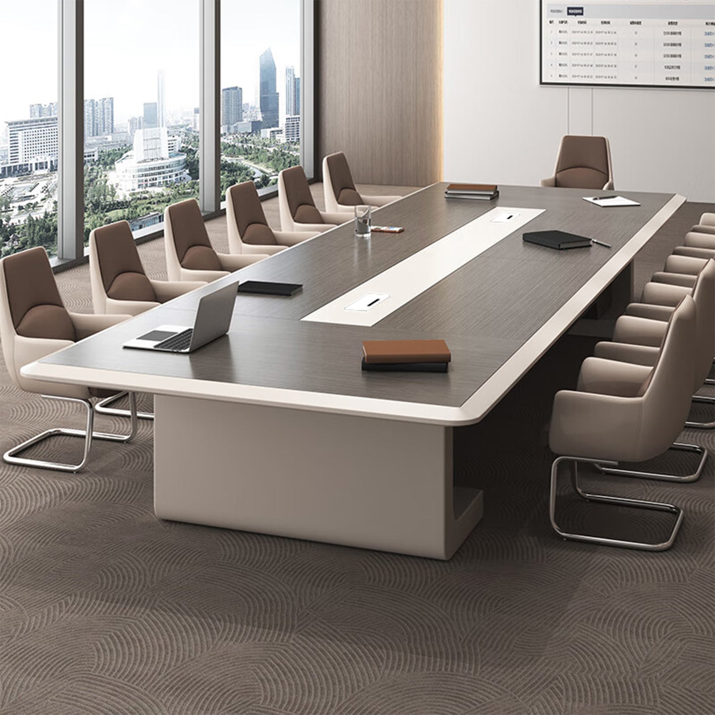 会議用デスク　木目調　オフィスデスク　ミーティングテーブル　大型会議テーブル　R加工　配線ボックス　艶出し塗装　高級感　上品　SL-HYZ-039