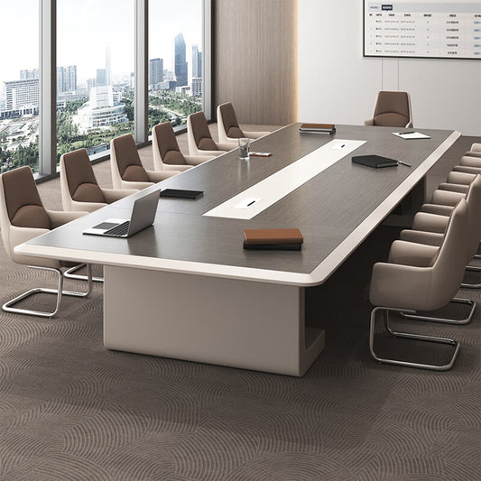 会議用デスク　木目調　オフィスデスク　ミーティングテーブル　大型会議テーブル　R加工　配線ボックス　艶出し塗装　高級感　上品　SL-HYZ-039