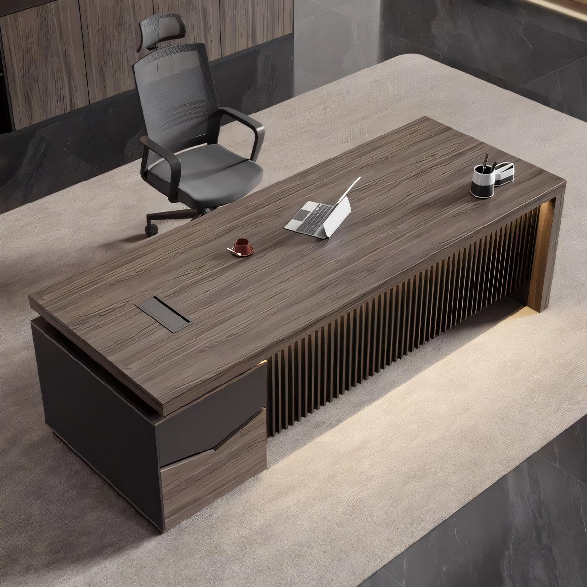 落ち着き　オシャレ　重厚感　高級感　木目調　広々　ダイヤル錠　エグゼクティブデスク　役員デスク　大容量収納　メラミン化粧板　カスタマイズ可能　LBZ-T092　