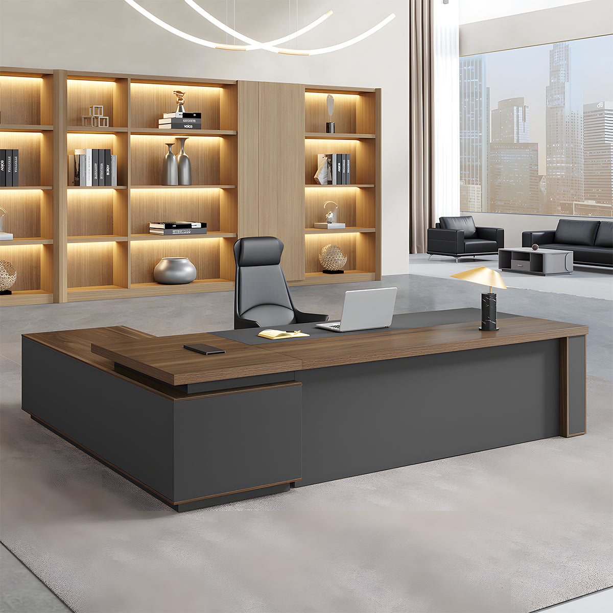 社長デスク　オフィスデスク　オフィス用　デスク　事務机　L型　現代　広々　ダイヤルロック　サイド収納スペース　ウォールナット　LBZ-2143N