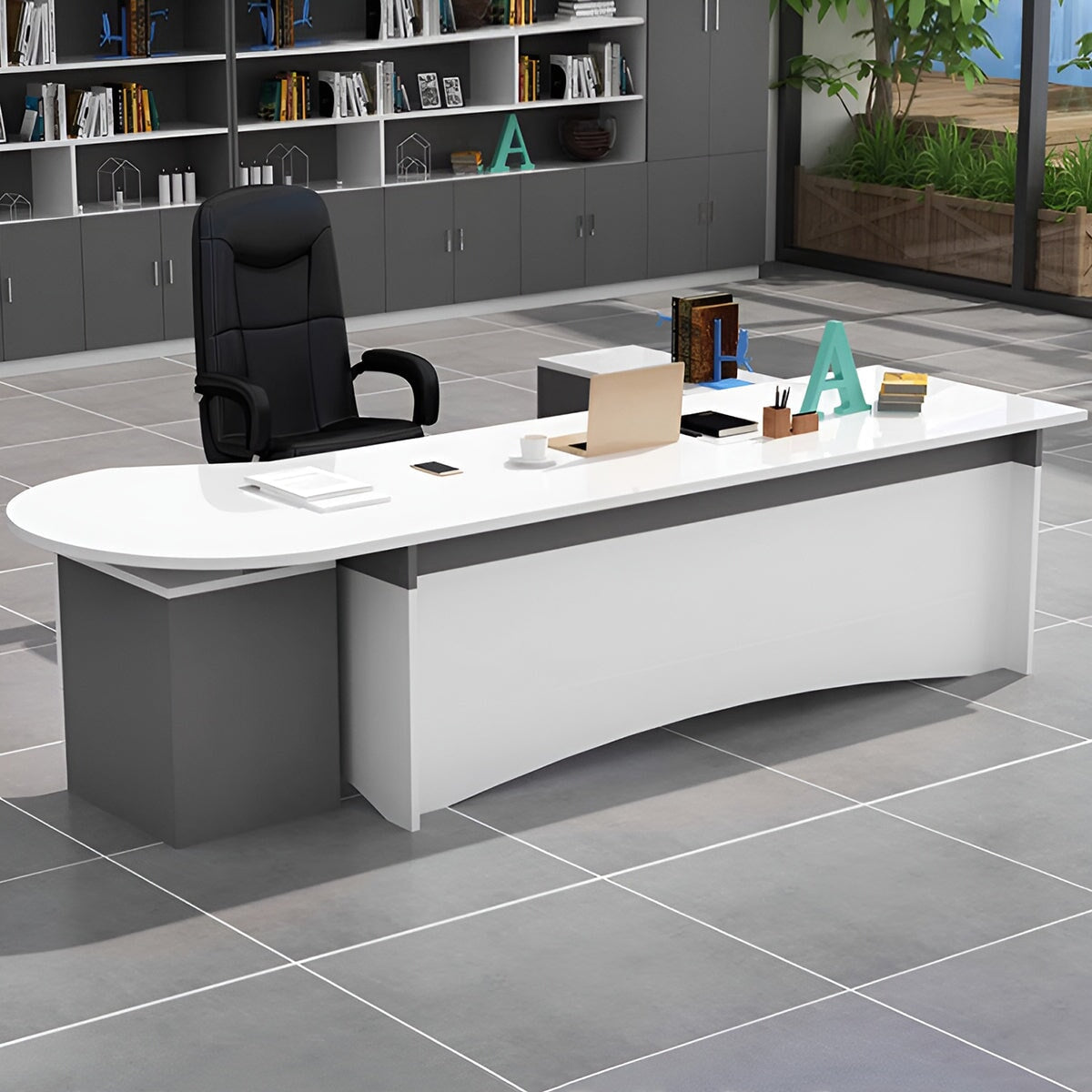 エグゼクティブデスク　オフィス家具　デスク　引出し3つ付き　角丸　広いスペース　キャビネット付き　シンプル　ホワイト　グレー　LBZ-K-054
