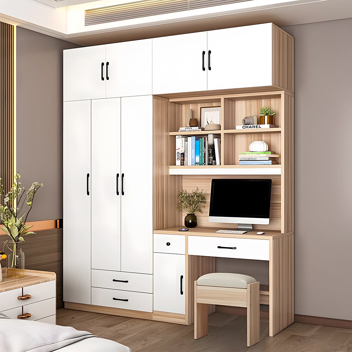 クローゼット　ワードローブ　壁面収納　デスク　収納棚　多段式　配線穴キャップ　エコ板材　上置き収納　物干し竿　大容量　多目的　機能的　ホワイト　グレー　カスタマイズ可能　YG-K010