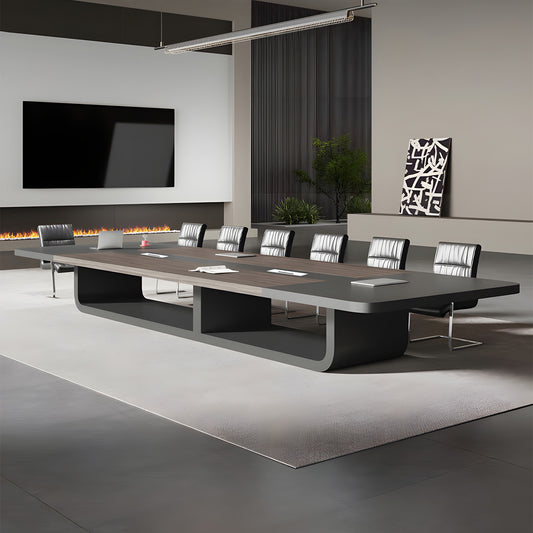 木製オフィスデスク　会議室用テーブル　ミーティングテーブル　会議テーブル　R加工　安定感　エコ素材　配線ボックス　木目調　ゲレー　SL-HYZ-029