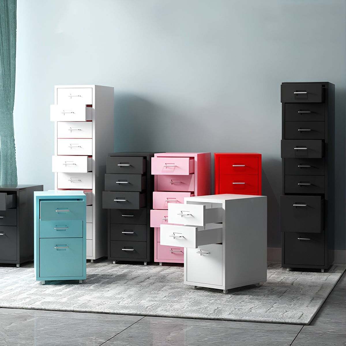 スチール材　冷間加工　頑丈　耐久性　取っ手付き　キャスター　カードホルダー　チェスト　キャビネット　収納　引き出し　シンプル　実用　ホワイト　CWG-K-064