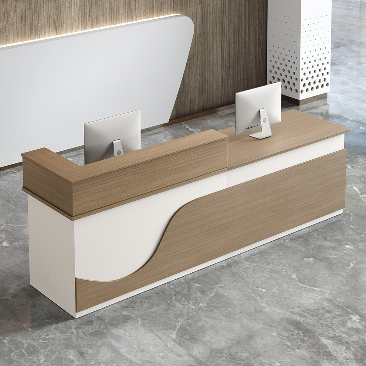 受付カウンター　フロントカウンター　受付台　多機能　ロック付き　収納スペース　引き出しトレイ　便利　ホワイト　ライトウォールナット　JDT-2192