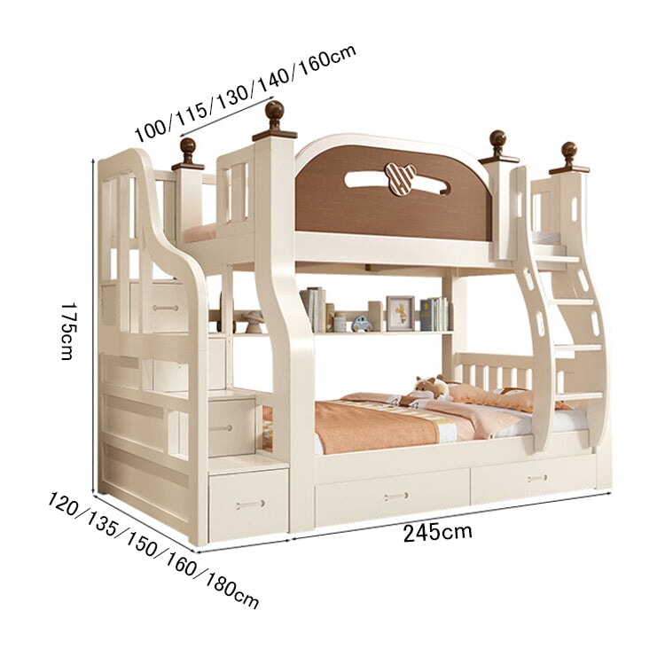 二段ベッド　二段　ベッド　子供用　パイン材　すのこ　梯子　階段　引き出し　収納　多段式　ベッドガード　手すり付き　収納棚　可愛い　実用　ベージュ　カスタマイズ可能　CHICKAGU