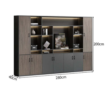 大容量　分類収納　オープン収納　扉付き収納　エコ板材　木目調　多段式　収納棚　キャビネット　収納キャビネット　オフィス用　上質　実用　グレー　カスタマイズ可能　CWG-K-123