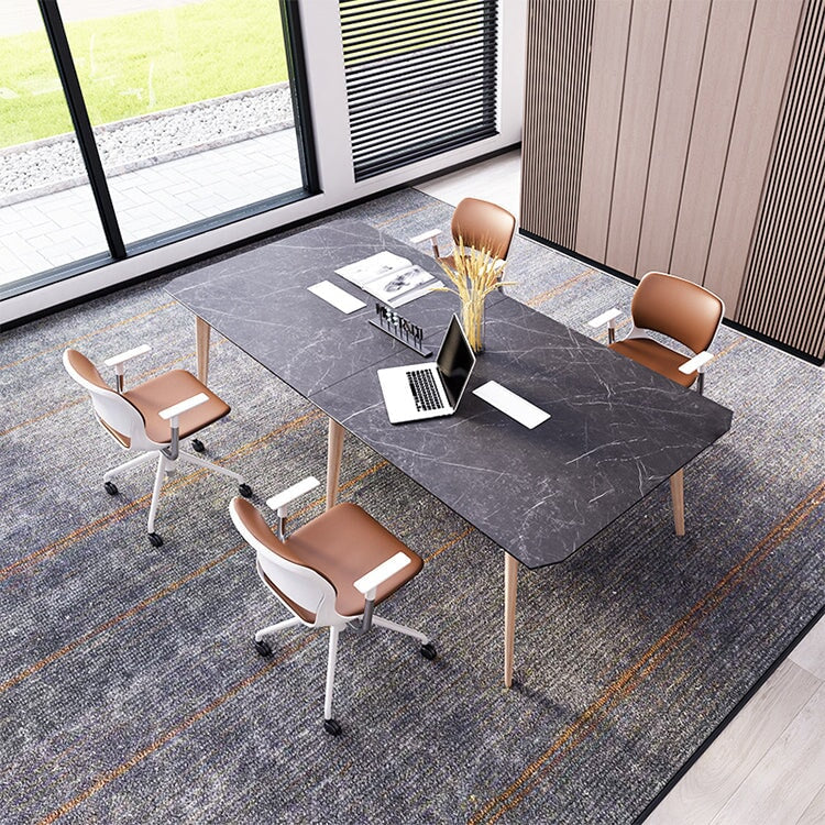 会議テーブル　オフィスデスク　大型オフィステーブル　長机　マーブル模様　天然木の脚　配線孔付き　ブラック　シンプル　カスタマイズ可能　CHICKAGU
