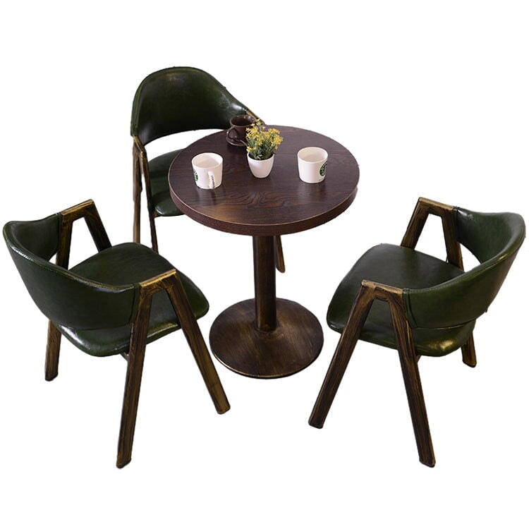 カフェテーブルセット　レストラン　オイルレザー生地　人工レザー　円型テーブル　1人掛け　2人掛け　シック　ブラウン　カスタマイズ可能　JDZH-M-030