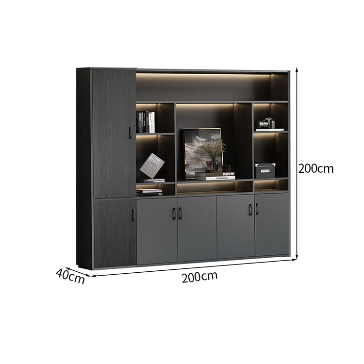 大容量　分類収納　オープン収納　扉付き収納　エコ板材　木目調　多段式　収納棚　キャビネット　収納キャビネット　オフィス用　上質　実用　グレー　カスタマイズ可能　CWG-K-123