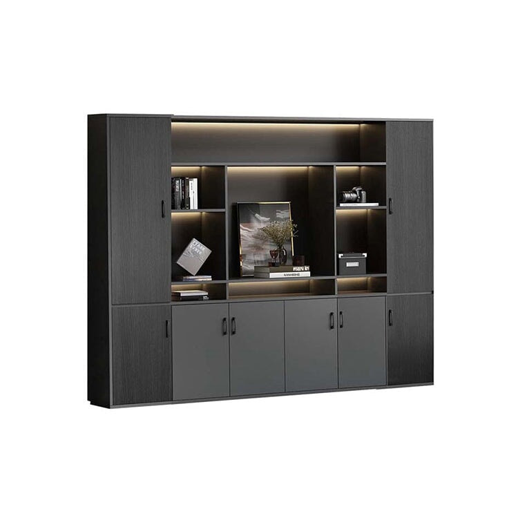 大容量　分類収納　オープン収納　扉付き収納　エコ板材　木目調　多段式　収納棚　キャビネット　収納キャビネット　オフィス用　上質　実用　グレー　カスタマイズ可能　CWG-K-123