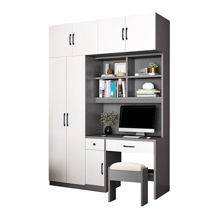 クローゼット　ワードローブ　壁面収納　デスク　収納棚　多段式　配線穴キャップ　エコ板材　上置き収納　物干し竿　大容量　多目的　機能的　ホワイト　グレー　カスタマイズ可能　YG-K010