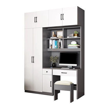 クローゼット　ワードローブ　壁面収納　デスク　収納棚　多段式　配線穴キャップ　エコ板材　上置き収納　物干し竿　大容量　多目的　機能的　ホワイト　グレー　カスタマイズ可能　YG-K010