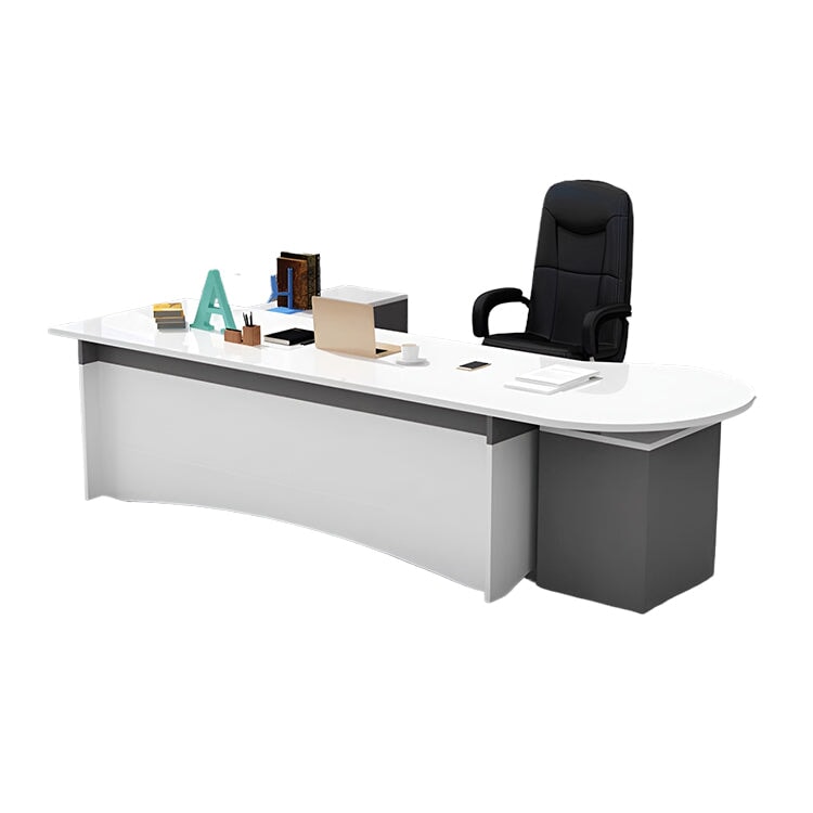 エグゼクティブデスク　オフィス家具　デスク　引出し3つ付き　角丸　広いスペース　キャビネット付き　シンプル　ホワイト　グレー　LBZ-K-054