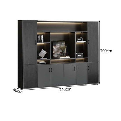 大容量　分類収納　オープン収納　扉付き収納　エコ板材　木目調　多段式　収納棚　キャビネット　収納キャビネット　オフィス用　上質　実用　グレー　カスタマイズ可能　CWG-K-123