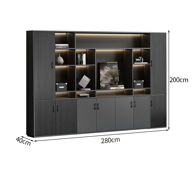 大容量　分類収納　オープン収納　扉付き収納　エコ板材　木目調　多段式　収納棚　キャビネット　収納キャビネット　オフィス用　上質　実用　グレー　カスタマイズ可能　CWG-K-123
