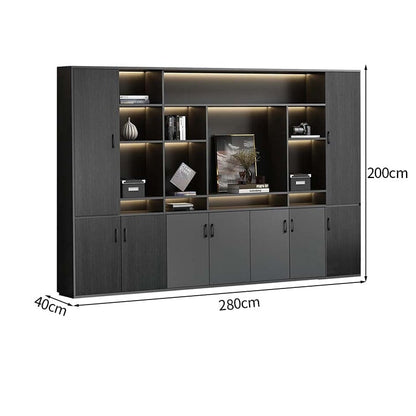 大容量　分類収納　オープン収納　扉付き収納　エコ板材　木目調　多段式　収納棚　キャビネット　収納キャビネット　オフィス用　上質　実用　グレー　カスタマイズ可能　CWG-K-123