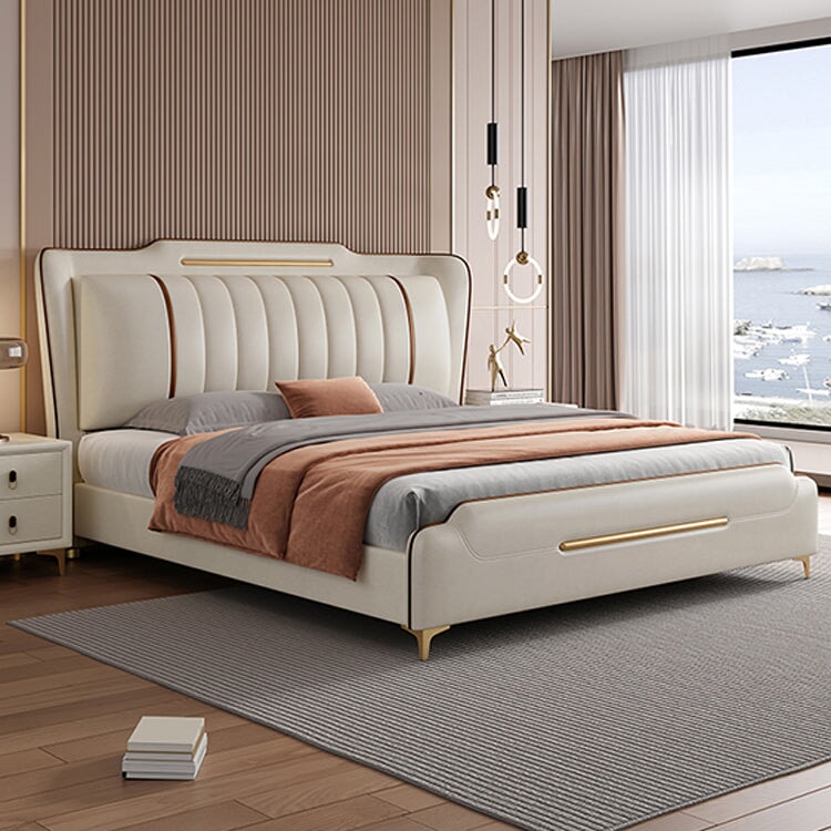 ベッド　キング　サイズ　二人用　ポリエステル生地　革　ヘッドボード　ウレタン　天然木すのこ　ベッド下収納　大容量　柔らか　快適　実用　ホワイト　CHICKAGU