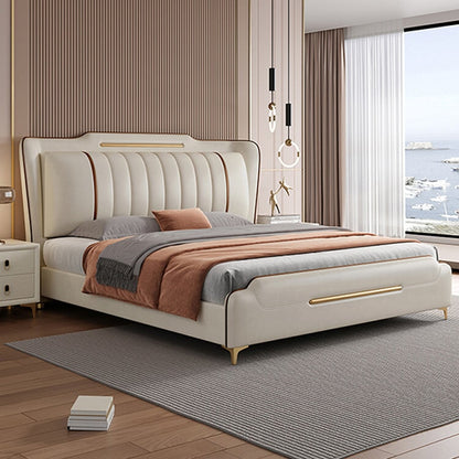 ベッド　キング　サイズ　二人用　ポリエステル生地　革　ヘッドボード　ウレタン　天然木すのこ　ベッド下収納　大容量　柔らか　快適　実用　ホワイト　CHICKAGU