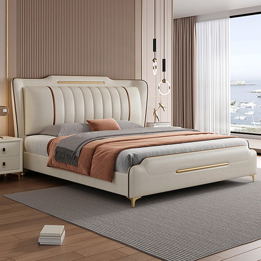 ベッド　キング　サイズ　二人用　ポリエステル生地　革　ヘッドボード　ウレタン　天然木すのこ　ベッド下収納　大容量　柔らか　快適　実用　ホワイト　CHICKAGU