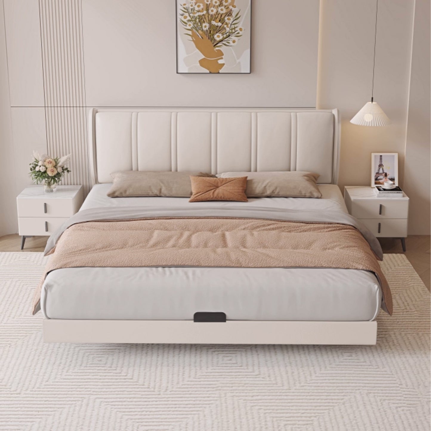ベッド　キング　サイズ　二人用　隠れ脚　デザイン性　レザー　摩擦に強い　毛玉防止　ヘッドボード　金属脚フレーム　サイドテーブル　実用　柔らか　簡素　心地よい　BED-C021