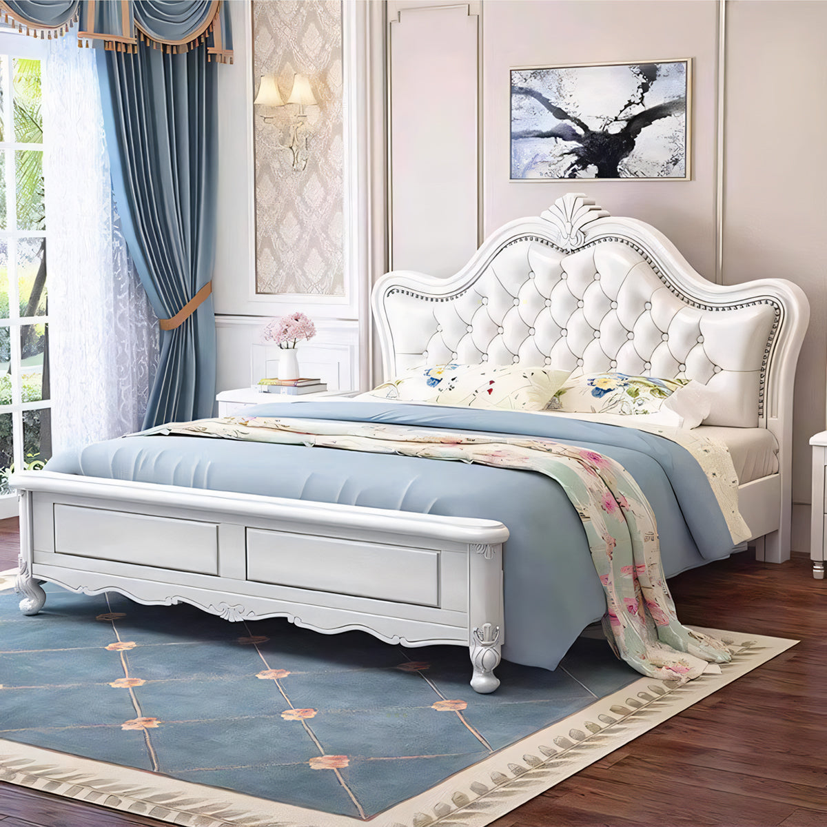 ベッド　キング　サイズ　二人用　ウレタン　ヘッドボード　ふくよか　革　天然木　大容量　収納　引き出し　ベッド下収納　サイドテーブル　オシャレ　ラグジュアリー　カスタマイズ可能　BED-C028