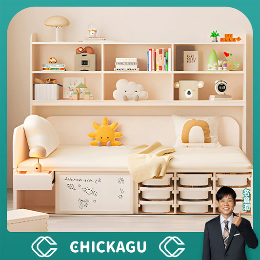 ベッド　収納ベッド　収納力抜群　本棚　引き出し　跳ね上げ式　子供用　シングル　ホワイト　カスタマイズ可能　BED-C075