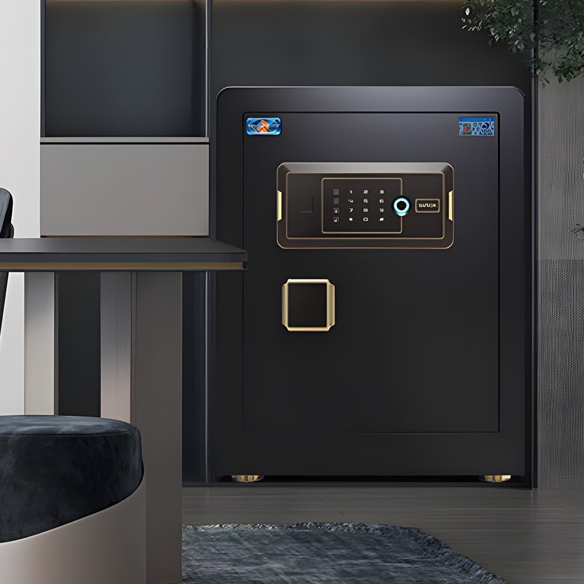 金庫　電子ロック　デジタル金庫　多層スチール製　強固な扉　指紋認証解錠　パスワード解錠　　フック付き　ブラック　ブラウン　BXG-M-011-kc