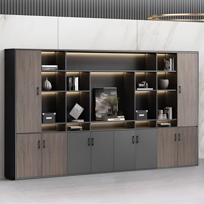 大容量　分類収納　オープン収納　扉付き収納　エコ板材　木目調　多段式　収納棚　キャビネット　収納キャビネット　オフィス用　上質　実用　グレー　カスタマイズ可能　CWG-123