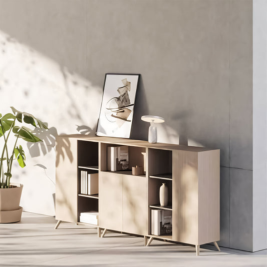 エコ板材 天然木脚 安定性 オープン収納 扉付き 多段式 キャビネット 収納キャビネット 木目調 落ち着き CWG-C069