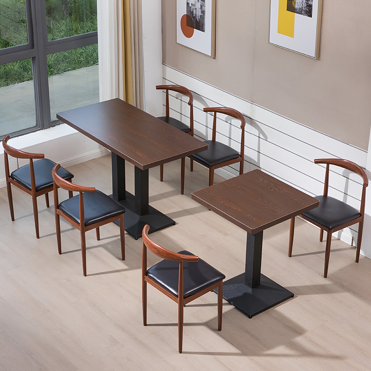 木目調　ナチュラル　厚み　広さ　頑丈　耐久性　アイアン脚　テーブル　椅子　セット　飲食店用テーブルセット　ダイニングテーブル　店舗用　接客用　簡素　優しい　カスタマイズ可能　CZ-K-072