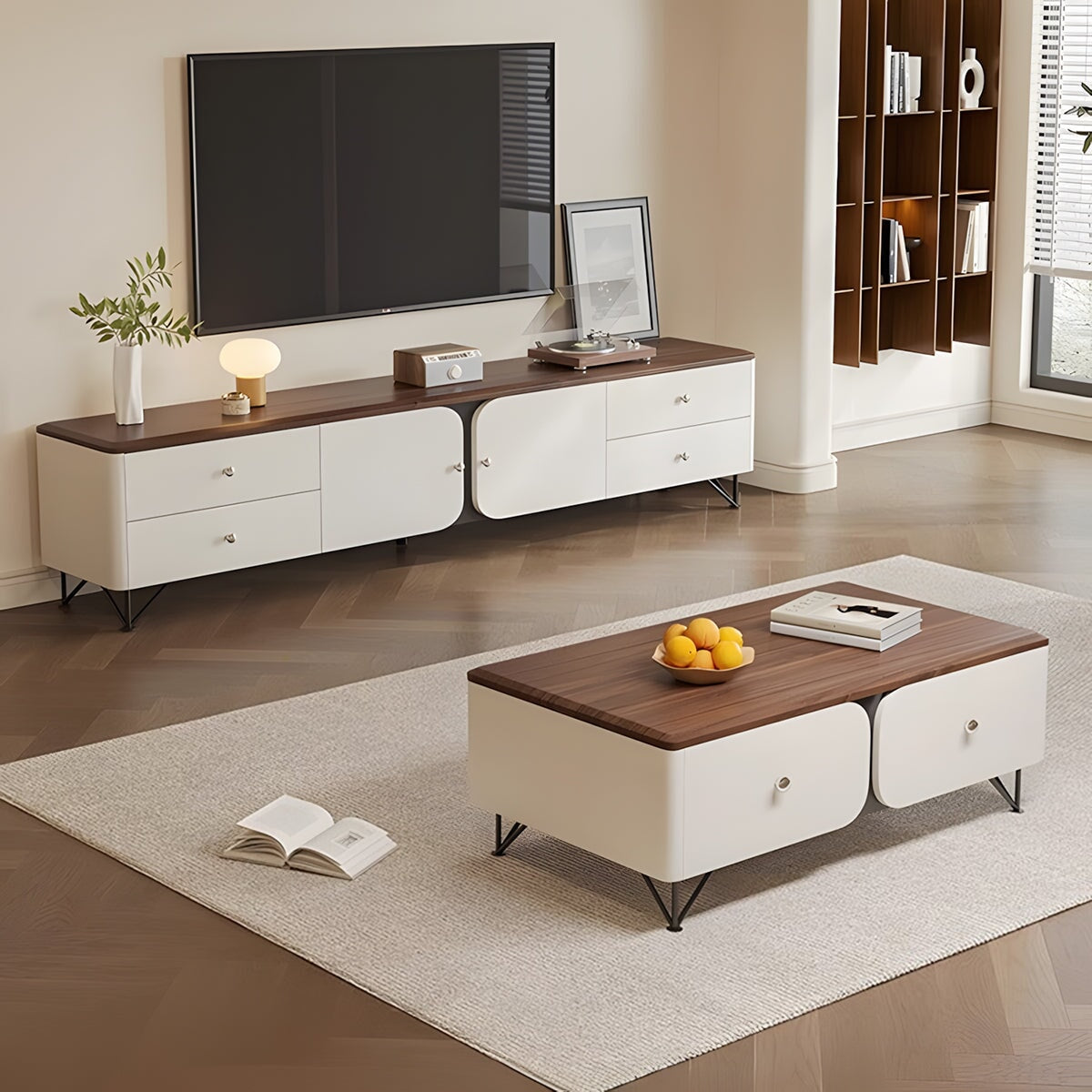 大容量　引き出し　扉収納　分類収納　卓上スペース　金属フレーム　安定性　Ｒ加工　テレビボード　センターテーブル　木目調　落ち着き　実用　カスタマイズ可能　DSG-C073