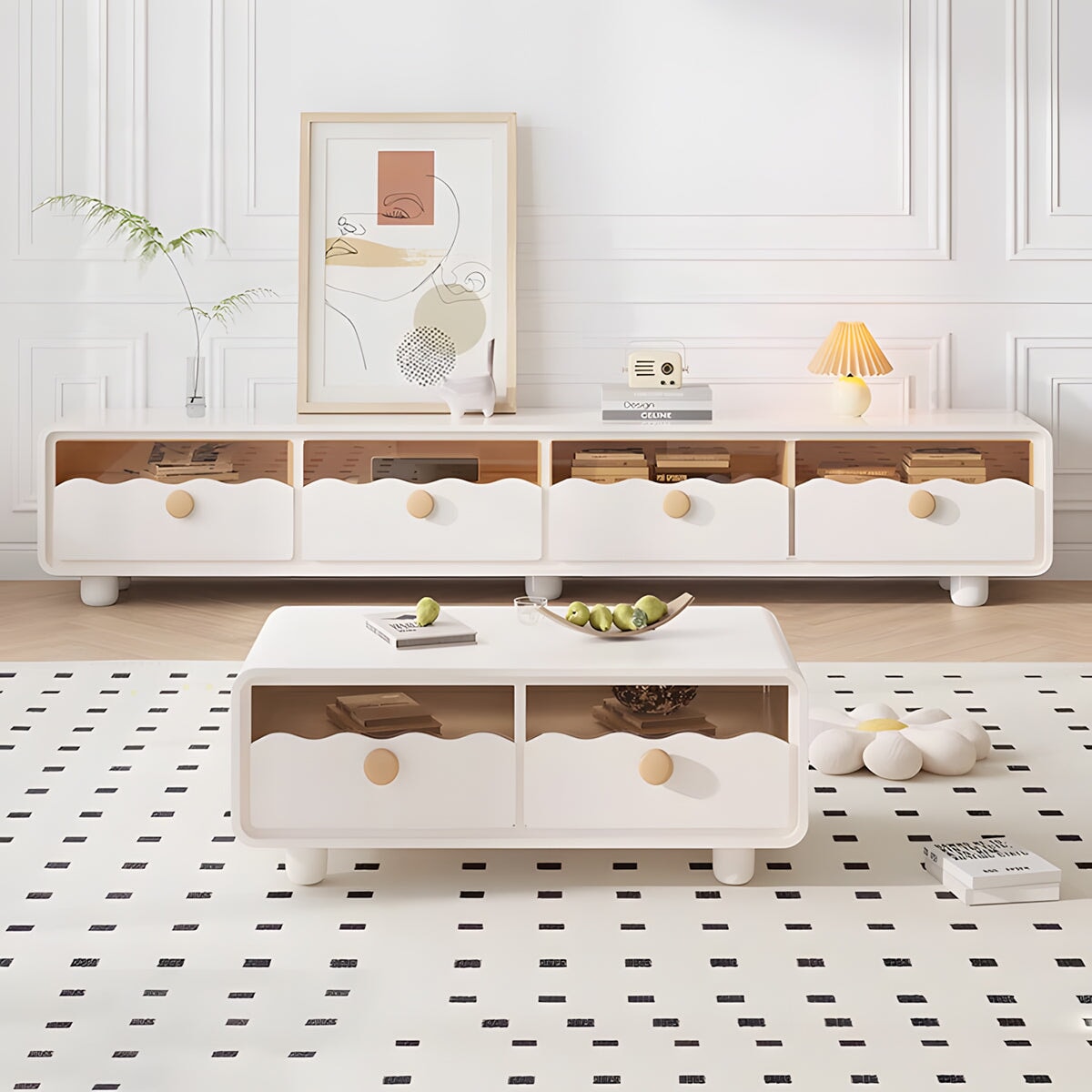 アクリル板　透明　引き出し　大容量　分類収納　Ｒ仕上げ　天然木脚　配線管理　テレビボード　センターテーブル　テレビ台　ホワイト　シック　実用　カスタマイズ可能　DSG-C074