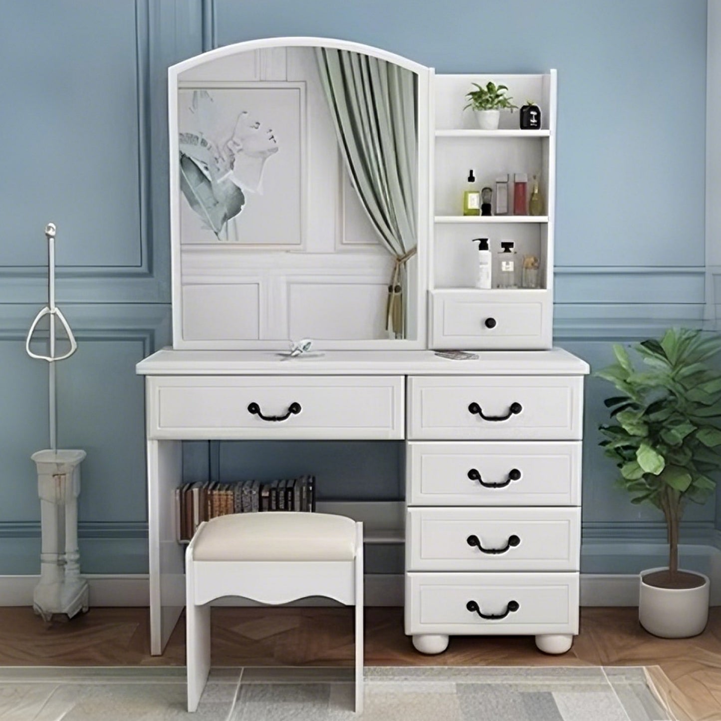 ドレッサー　鏡台　化粧台　鏡　ミラー　明るさ調整　三段階　収納　棚　引き出し　エコ板材　スツール　ウレタン　ＰＵレザー　オシャレ　上質　使い勝手　HZT-C006