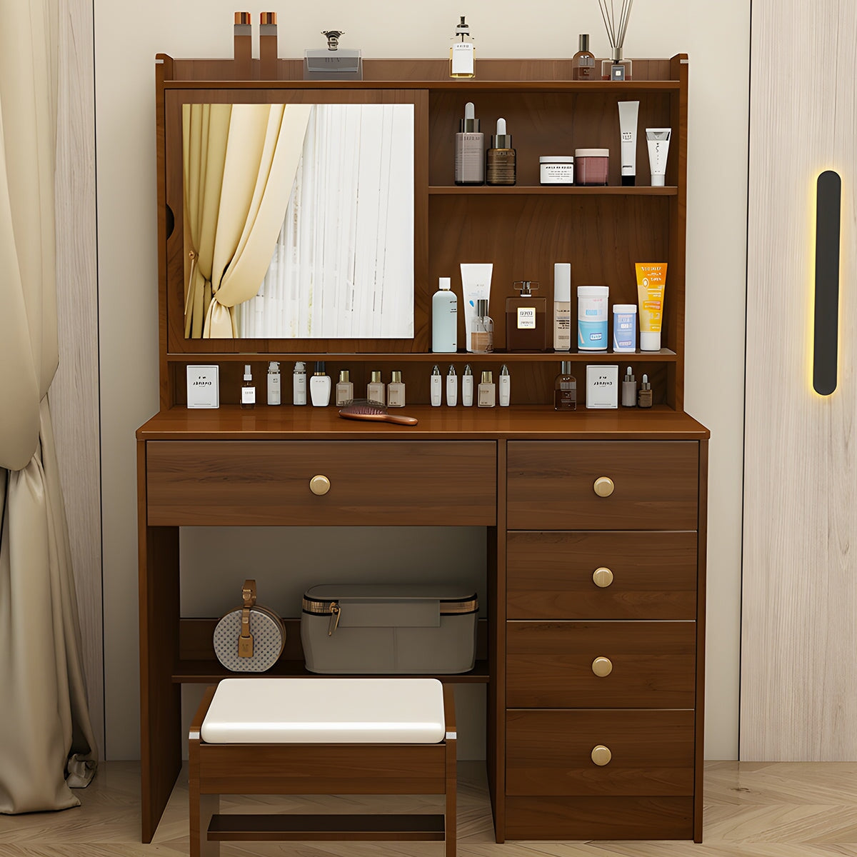ドレッサー　化粧台　鏡台　鏡　回転可能　化粧　多段式　分類収納　作業デスク　天然木脚　エコ板材　簡素　シンプル　使い勝手　HZT-C011　chickagu