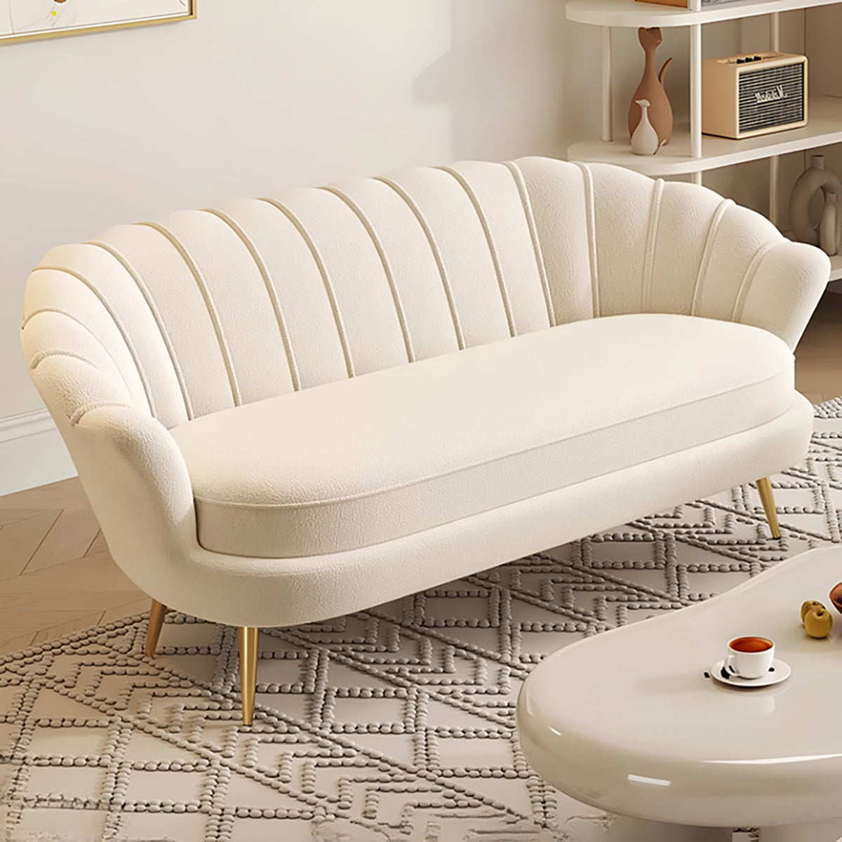 シェルパ生地　モコモコ　高反発ウレタン　広い座面　金属脚　耐荷重　応接ソファ　ソファ　二人掛け　三人掛け　柔らか　弾力性　快適　ホワイト　カスタマイズ可能　JDSF-C021