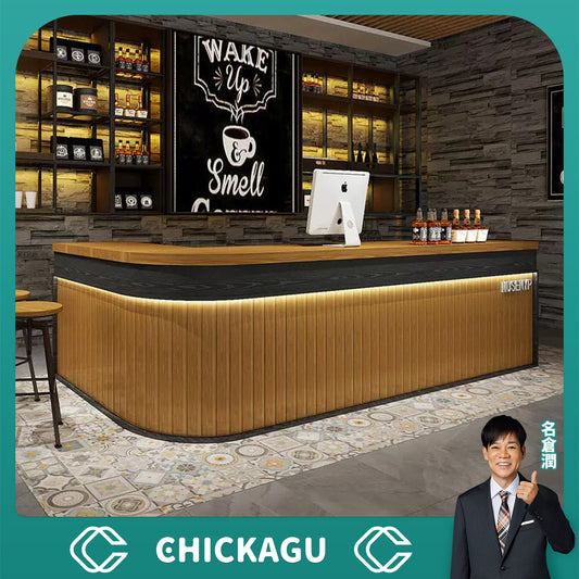 受付カウンター　バーカウンター　受付台　カウンターテーブル　L型　ＬＥＤライト付き　大容量収納　引き出し付き　木目調　モダン　カスタマイズ可能　CHICKAGU