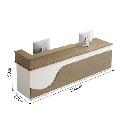 受付カウンター　フロントカウンター　受付台　多機能　ロック付き　収納スペース　引き出しトレイ　便利　ホワイト　ライトウォールナット　JDT-2192