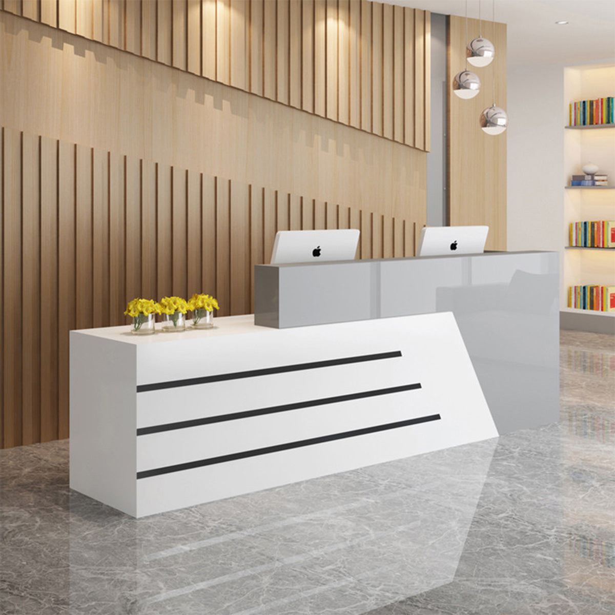 木製受付カウンター　レセプションデスク　レジカウンター　受付カウンター　エントランス受付　業務用　会社用　キーボードトレイ付き　配線穴付き　シンプ　ホワイト　カスタマイズ可能　chickagu