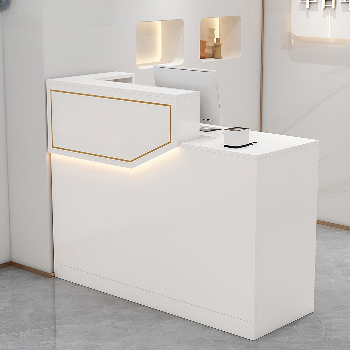 受付カウンター　受付台　レジカウンター　カウンター　店舗用　キーボードスライダー　ｌｏｇｏ　配線穴キャップ　鍵付き引き出し　シンプル　ホワイト　カスタマイズ可能　JDT-K055 