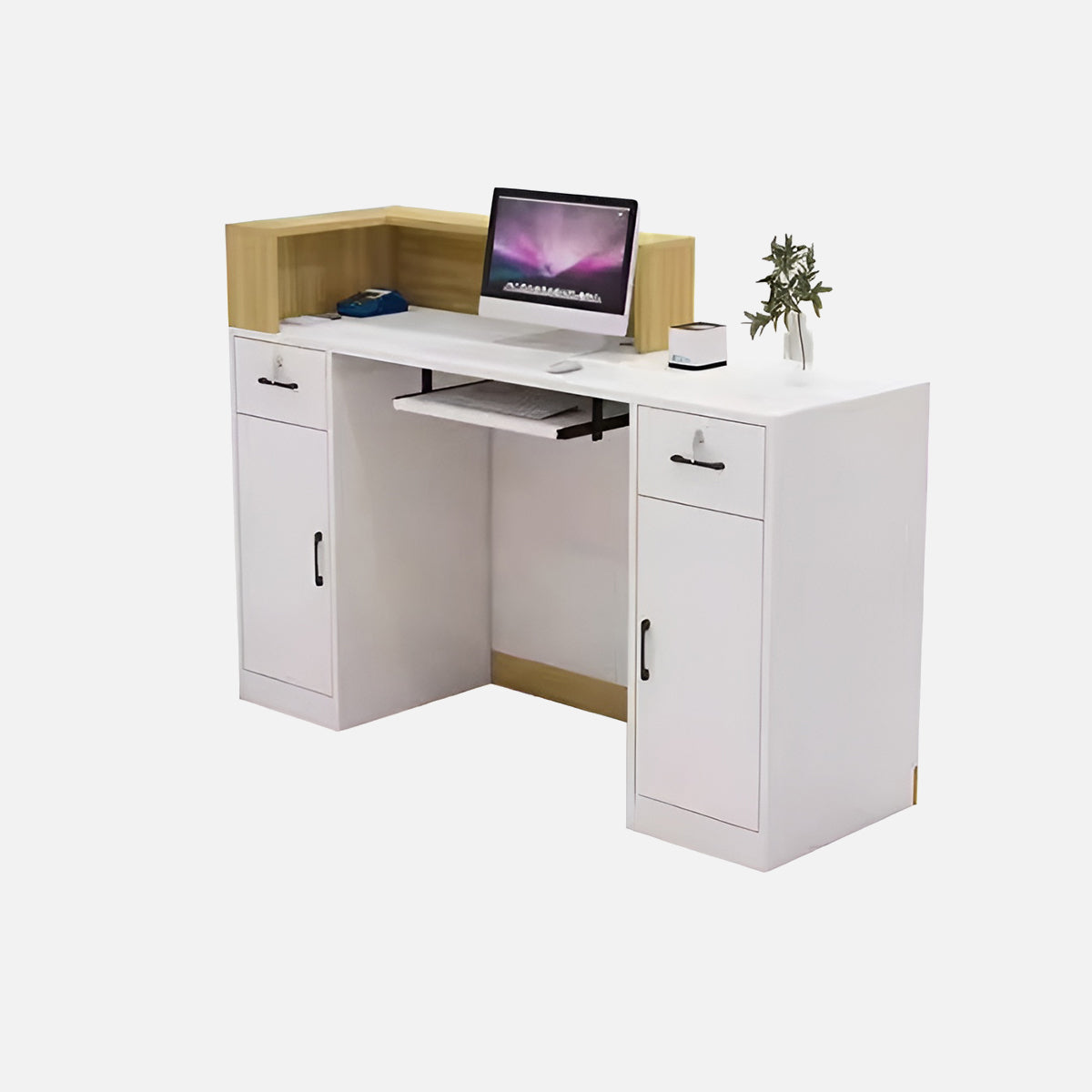 エコ板材　扉付き収納　引き出し　錠付き　上部天板　配線孔　LEDライト　広め　ゆとり　受付カウンター　カウンター　レジ台　すっきり　シンプル　機能的　ホワイト　カスタマイズ可能　JDT-K055