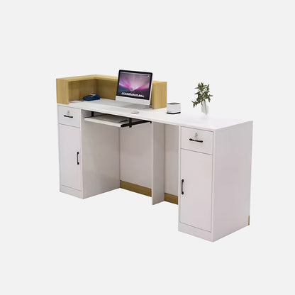 エコ板材　扉付き収納　引き出し　錠付き　上部天板　配線孔　LEDライト　広め　ゆとり　受付カウンター　カウンター　レジ台　すっきり　シンプル　機能的　ホワイト　カスタマイズ可能　JDT-K055