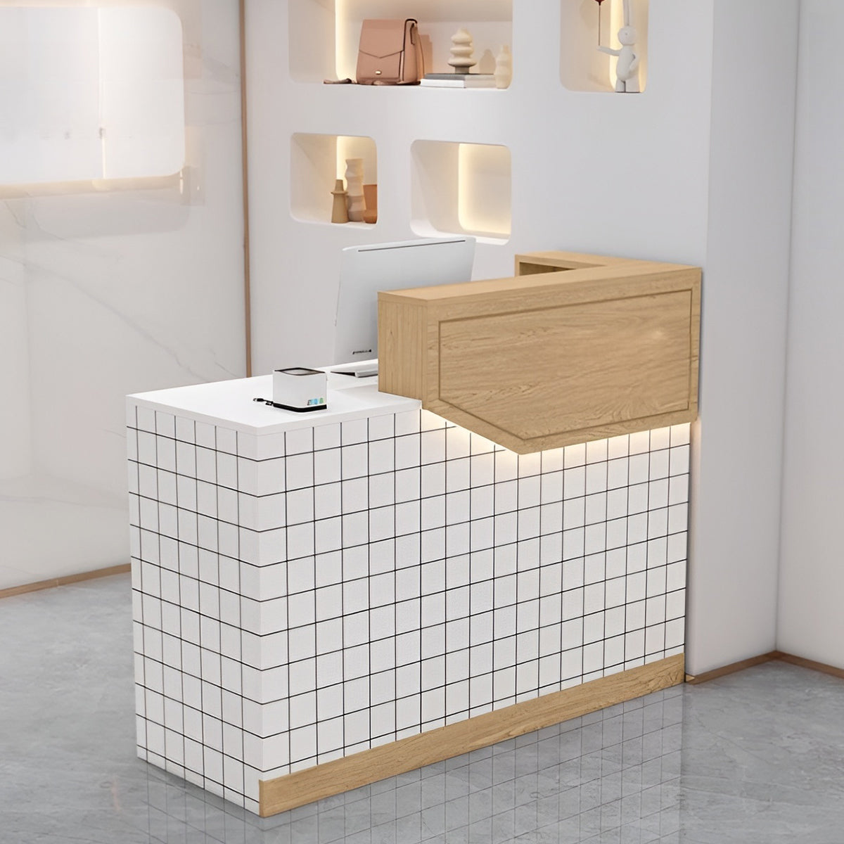 エコ板材　扉付き収納　引き出し　錠付き　上部天板　配線孔　LEDライト　広め　ゆとり　受付カウンター　カウンター　レジ台　すっきり　シンプル　機能的　ホワイト　カスタマイズ可能　JDT-K055