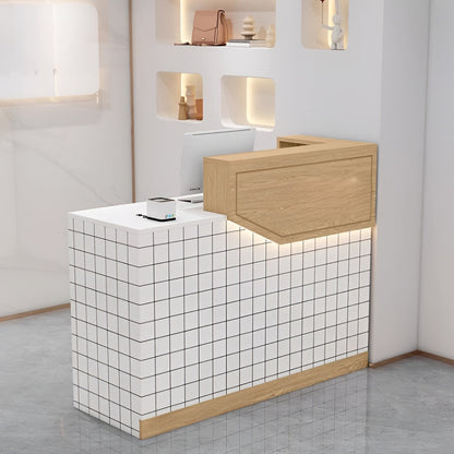 エコ板材　扉付き収納　引き出し　錠付き　上部天板　配線孔　LEDライト　広め　ゆとり　受付カウンター　カウンター　レジ台　すっきり　シンプル　機能的　ホワイト　カスタマイズ可能　JDT-K055