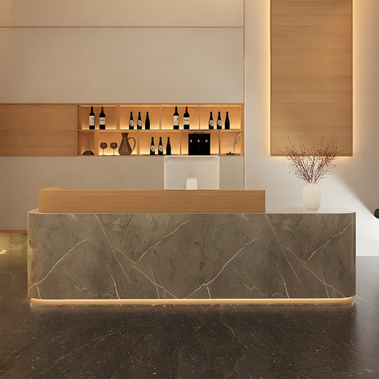 受付カウンター　レジカウンター　フロント　収納スペース　LED　マーブル調　高級感　おしゃれ　上品　ホワイト　カスタマイズ可能