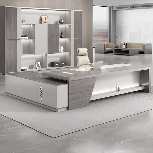 エグゼクティブデスク　オフィスデスク　役員机　ダイヤル錠　キャスター付き　排気口付き　L字型　配線ボックス付き　ブラウン　カスタマイズ可能　LBZ-K-040  