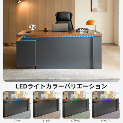 社長机　エグゼクティブデスク　事務机　引き出し付き　サイドキャビネット　広い天板　コンセントボックス　おしゃれ　木目調　LBZ-2143