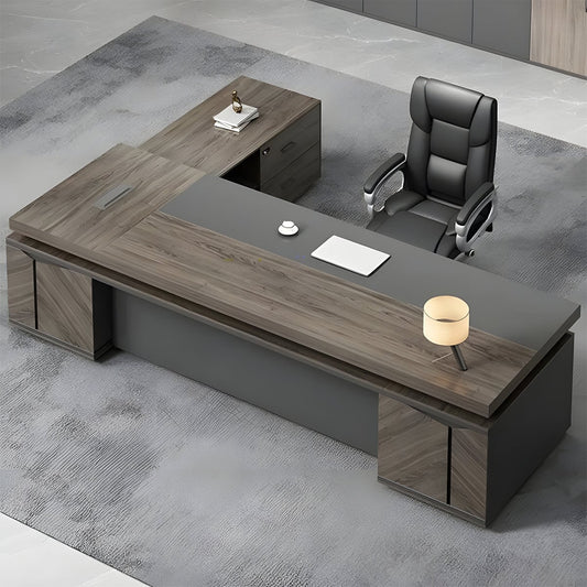 木目調 落ち着き キャビネット 大容量 厚い天板 幅広 通気孔 デスク エグゼクティブ 役員デスク エコ板材 配線ボックス 重厚感 安定感 ブラック カスタマイズ可能 LBZ-C009 chickagu