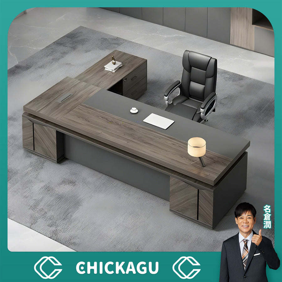 木目調　落ち着き　キャビネット　大容量　厚い天板　幅広　通気孔　デスク　エグゼクティブ　役員デスク　エコ板材　配線ボックス　重厚感　安定感　ブラック　カスタマイズ可能　LBZ-C009